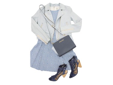 Alice + Olivia top, $225 and skirt, $228. Matching graphic separates look polished and put together. IRO jacket, $1,330. Add pastel leather for that instant wow-factor. Michael Kors bag, $228. A small cross-body bag ties the look together. Vince Camuto heels, $150. Affordable sandals can give your wardrobe extra mileage this spring. Find this look at Nordstrom Chinook Centre. Photo: Vickie Laliotis