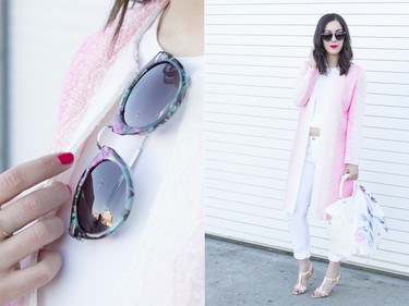 This all-white look at Nordstrom Chinook Centre, shines with a soft pop of pink, expertly combining two of this season's biggest trends — pastels and white — worn head-to-toe. 

Coat: St. John, $1,660; jeans: Frame Denim, $270; sandals: SJP $431; bag: Jimmy Choo, $1,975; scarf: Vince Camuto, $52; sunglasses: Steve Madden, $38.