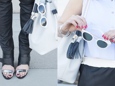 White accessories add spring-ready flare to any look, like these sunglasses from Steve Madden. $38 at Nordstrom. Also featuring leather drawstring pants from T by Alexander Wang, $1,365 a Vince Camuto  drawstring tote ($248) and wedge sandals by Vince ($395).