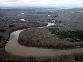 The Cleawater River winds through boreal forest south of Fort McMurray.  Half the untouched boreal forest should be set aside for bird habitat.