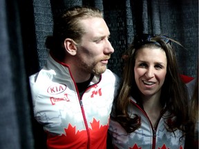 Team Canada speed skaters Ted-Jan Bloeman, left and Ivanie Blondin pose during a press conference in advance of this weekends world all-round championships at the Olympic Oval. Bloemen will be racing for Canada for the first time at a world championship.