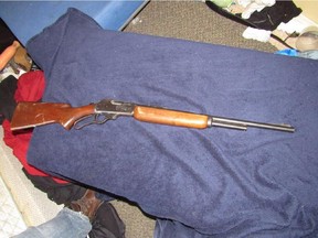 Police executed search warrants at various homes in northwest Calgary on February 6, 2015, and seized various drugs and weapons, including a Marlin 35 caliber rifle (pictured) and four airsoft rifles.