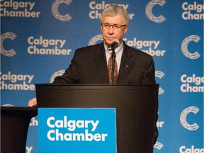 Robin Campbell, Alberta's minster of finance, speaks to the Calgary Chamber of Commerce at the Hyatt Regency in Calgary on March 30, 2015.