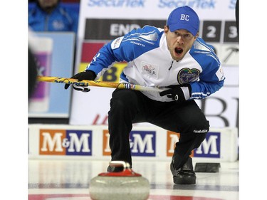 BC skip Jim Cotter called to his sweepers during his game against Northern Ontario during the Tim Hortons Brier at the Scotiabank Saddledome on March 1, 2015.