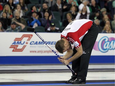 Brad Gushue of Newfoundland/Labrador reacts to a play gone bad as he  played off against Brad Jacobs of Northern Ontario in the first playoff round on Friday March 6, 2015 at the Day seven of the Tim Hortons Brier with one team advancing to the finals on Sunday.