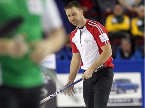 Skip Brad Gushue of Newfoundland/Labrador looks down the ice as his rock missed the mark giving the bronze medal win to Skip Steve Laycock of Team Saskatchewan on Sunday.