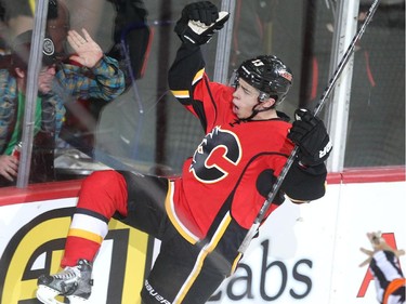 Calgary Flames left winger Johny Gaudreau celebrated after scoring the Flames fifth goal and his second of the game against the Anaheim Ducks during second period NHL action at the Scotiabank Saddledome on March 11, 2015.