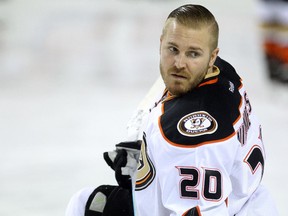 Anaheim Ducks defenceman James Wisniewski stretched during warm up before their game against the Flames.