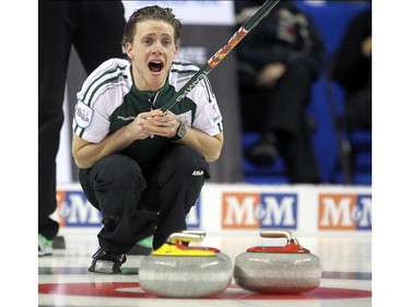 Colleen De Neve/ Calgary Herald CALGARY, AB --MARCH 1, 2015 -- PEI skip Adam Casey yelled to his sweepers during their game against Team Canada at the Tim Hortons Brier at the Scotiabank Saddledome on March 1, 2015. PEI defeated Canada 7-4. (Colleen De Neve/Calgary Herald) (For Sports story by ) 00060855B SLUG: 0302-Brier