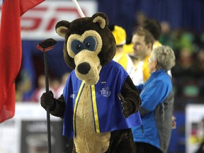 Reg Caughie did his thing dressed in his Brier Bear costume during the team parade prior to the afternoon draw of the Tim Horton's Brier at the Scotiabank Saddledome on March 4, 2015.