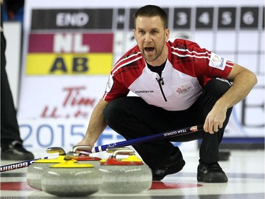 Newfoundland Labrador skip Brad Gushue kept an eye on the rock during the afternoon draw against Alberta at the Tim Hortons Brier at the Scotiabank Saddledome in Calgary on March 4, 2015.