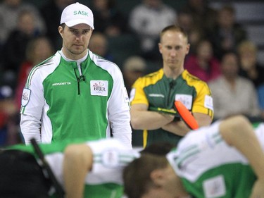 Saskatchewan skip Steve Laycock kept an eye on his sweepers during the afternoon draw against Northern Ontario's Brad Jacobs at the Tim Hortons Brier at the Scotiabank Saddledome in Calgary on March 4, 2015.