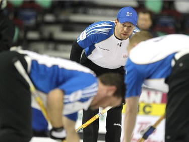 B.C. skip Jim Cotter kept an eye on a shot by his team during their game against Team Canada during the Wednesday morning draw of the Tim Horton's Brier at the Scotiabank Saddledome on March 4, 2015. Canada scored 2 in the final end to defeat B.C. 8-7.