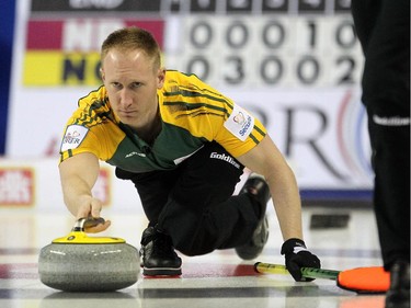 Northern Ontario skip Brad Jacobs slid out of the hack while delivering his final shot of the game against New Brunswick during the Wednesday morning draw of the Tim Horton's Brier at the Scotiabank Saddledome on March 4, 2015.