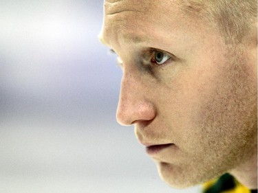 Northern Ontario skip Brad Jacobs keeps his eye on his final shot of the game against New Brunswick during the Wednesday morning draw of the Tim Horton's Brier at the Scotiabank Saddledome on March 4, 2015.