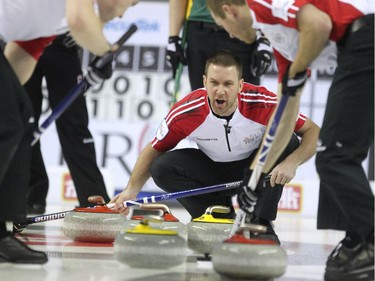 Newfoundland Labrador skip Brad Gushue kept an eye his teams shot and called to his sweepers during the morning draw of the Tim Hortons Brier at the Scotiabank Saddledome in Calgary on March 5, 2015. Newfoundland Labrador won the game 6-5 handing Northern Ontario its first loss of the Brier.