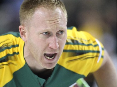 Northern Ontario skip Brad Jacobs kept an eye on his shot and called to his sweepers during the morning draw of the Tim Hortons Brier at the Scotiabank Saddledome in Calgary on March 5, 2015. Newfoundland Labrador won the game 6-5 handing Northern Ontario its first loss of the Brier.