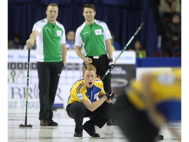 Alberta third Marc Kennedy screamed to his sweepers during the afternoon draw against Saskatchewan at the Tim Hortons Brier at the Scotiabank Saddledome in Calgary on March 5, 2015.