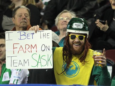 Saskatchewan fan Garret Smith from Kerrobert, Sk. cheered for his team during the afternoon draw against Alberta at the Tim Hortons Brier at the Scotiabank Saddledome in Calgary on March 5, 2015.