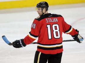 Calgary Flames veteran Matt Stajan, seen in a photo from December when he put blue tape on his stick in memory of his son Emerson who died last year, is celebrating the birth of his second son Elliot.
