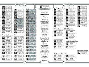 This is the new legislature seating plan, released Tuesday morning, which shows where the PCs have placed Wildrose defectors. Ex-Wildrose leader Danielle Smith is in the second row behind government Ministers.