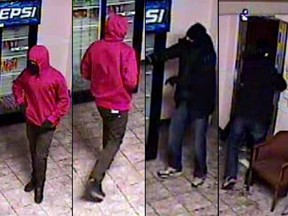 A composite of surveillance camera images of two men police are looking for in connection with the December armed robbery of  the Dahab Exchange at 5012 17th Avenue S.E. and the shooting of the store's owner.