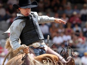 Big Valley, Alta. product Zeke Thurston, seen competing in the Novice Saddle Bronc event at the 2012 Calgary Stampede, picked up a huge victory in Houston on the weekend.