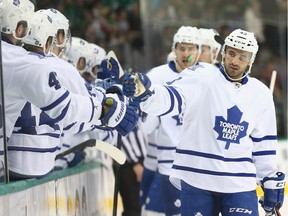 Nazem Kadri #43 of the Toronto Maple Leafs celebrates his goal against the Dallas Stars in the first period at American Airlines Center on December 23, 2014 in Dallas, Texas.