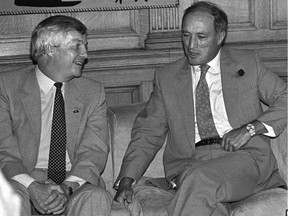 Peter Lougheed’s push for government-led diversification of the Alberta economy was a policy hallmark of his 1971 electoral breakthrough. The former premier is pictured with then-Prime Minister Pierre Trudeau.