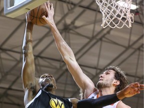 Calgary's Jordan Bachynski of the Westchester Knicks blocks a shot against the Santa Cruz Warriors during an NBA D-League game last month.