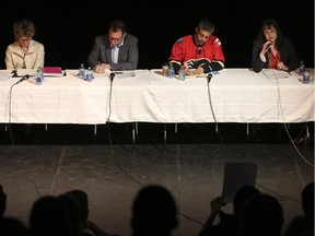 The Wildrose's Leah Wamboldt, from left, PCs' Terry Rock, Liberal David Khan and NDP's Kathleen Ganley participated in a Calgary-Buffalo candidates' debate at Western Canada High School in Calgary on April 22, 2015.