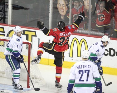 Calgary Flames Sean Monahan celebrates his goal on Vancouver Canucks during game 6 of the NHL Playoffs.