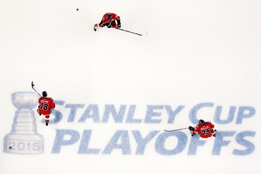 Calgary Flames warmup before they take on the Vancouver Canucks during game 6 of the NHL Playoffs.