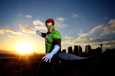 rfCALGARY.;  APRIL 1, 2015  -- Ken Dove models makeup artist Lianne Moseley's DC Comic character Green Lantern in Calgary on April 1, 2015.
Photo Leah Hennel, Calgary Herald 
(For Entertainment story by ?)