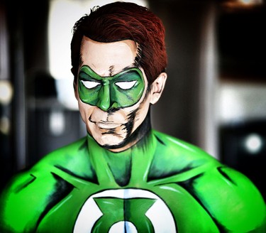 Ken Dove models makeup artist Lianne Moseley's DC Comic character Green Lantern in Calgary .
