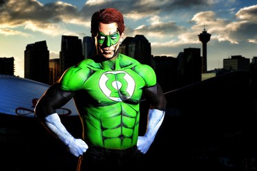 Ken Dove models makeup artist Lianne Moseley's DC Comic character Green Lantern in Calgary.