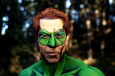 Ken Dove models makeup artist Lianne Moseley's DC Comic character Green Lantern in Calgary .