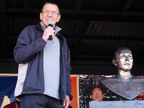 The late actor Leonard Nimoy, best known for portraying Mr. Spock on the Star Trek series and movies, uncovers a brass bust of Mr. Spock during an appearance in Vulcan, AB. on April 23, 2010. Nimoy visited Vulcan as part of an appearance at the 2010 Calgary Comic and Entertainment Expo.