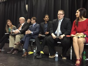 An all-candidates forum was held Wednesday, April 29, 2015, in Chestermere for the riding of Chestermere-Rocky View. From left: Coral Bliss Taylor, Green Party; William Pelech, NDP; Bruce McAllister, Progressive Conservative; Jamie Lall, Independent; Matthew Grant, Independent; and Leela Aheer, Wildrose Party.