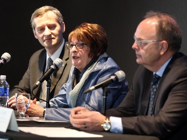 Century Casinso Vice President of Operations Andreas Terler, left, Horse Racing Alberta CEO Shirley McClellan, centre, and Alberta Gaming and Liquor Commission President and CEO Bill Robinson, right, spoke during the opening of the new Century Downs Casino and Racetrack in Balzac on April 1, 2015.