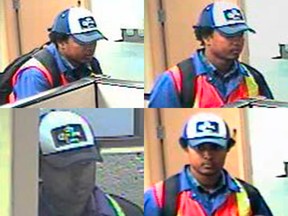 Surveillance images released by Calgary Police of a man being sought in connection with a bank robbery in September, 2014.