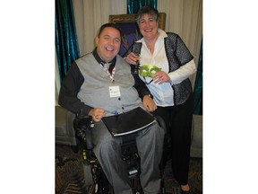 Cal 0418 Easter 2  Barry Lindemann, Easter Seals Alberta coordinator-Speakers in Schools Program joins Easters Seals director, campaign Patti Brewin at 29th annual Easter Seals We Care Ball held Apr 10 in the Palomino Room at Stampede Park.