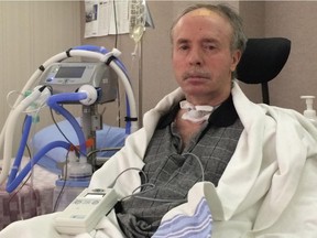 Charles Nixdorff, a resident of the Dr. Vernon Fanning Centre seen Monday April 20, 2015, has had a pacing device implanted in his diaphragm to help him breathe.