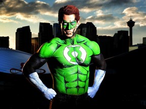 Ken Dove models makeup artist Lianne Moseley's DC Comic character Green Lantern in Calgary on April 1, 2015.