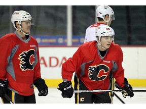 Jiri Hudler, left, and Sam Bennett were on the ice as the Calgary Flames continue to practice hard as they head into the first round of playoffs on April 13, 2014.