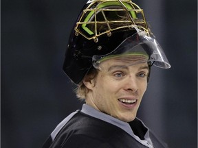 Calgary Flames goalie Jonas Hiller, seen at practice on Tuesday, produced the best even-strength save percentage the franchise has seen since Miikka Kiprusoff in 2011-12 — a big reason why the team is in the playoffs.