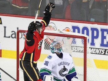 Calgary Flames Sean Monahan celebrates his goal on the Vancouver Canucks during Game 6 on Saturday night.