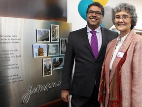 CALGARY, ; APRIL 26, 2015  -- Mayor Naheed Nenshi with Judith Umbach at renovated Thorn-Hill library, and special guest for new "Best Friend of the Calgary Public Library" campaign. The library has been renamed in her honour. (Lorraine Hjalte/Calgary Herald)