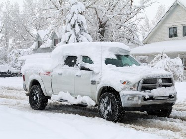 A truck covered in snow drives down 26th Ave. in Nanton after what looked like 40 cm of snow fell  over night with more snow coming down on Sunday morning on April 5, 2015.