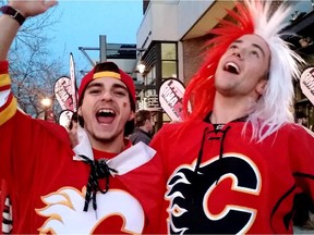 Flames fans party in Calgary before Game 2 of the Flames-Canucks playoff series on Friday, April 17, 2015.